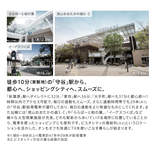 徒歩10分（東敷地）の「守谷」駅から、都心へ、ショッピングシティへ、スムーズに。