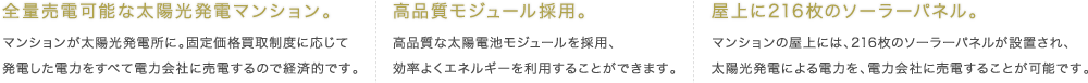 全量売電可能な太陽光発電マンション。｜高品質モジュール採用。｜屋上に216枚のソーラーパネル。