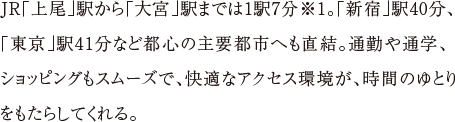 「大宮」駅まで１駅7分。都心へも、ダイレクトアクセス。