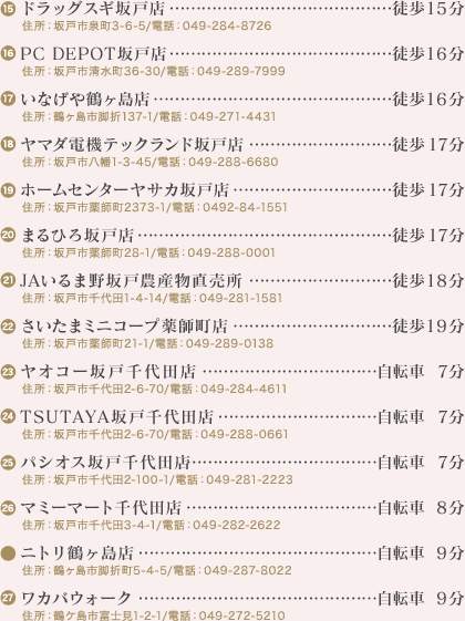 (15)ドラッグスギ坂戸店…徒歩15分
住所：坂戸市泉町3-6-5/電話：049-284-8726
(16)PC DEPOT坂戸店…徒歩16分
住所：坂戸市清水町36-30/電話：049-289-7999
(17)いなげや鶴ヶ島店…徒歩16分
住所：鶴ヶ島市脚折137-1/電話：049-271-4431
(18)ヤマダ電機テックランド坂戸店…徒歩17分
住所：坂戸市八幡1-3-45/電話：049-288-6680
(19)ホームセンターヤサカ坂戸店…徒歩17分
住所：坂戸市薬師町2373-1/電話：0492-84-1551
(20)まるひろ坂戸店…徒歩17分
住所：坂戸市薬師町28-1/電話：049-288-0001
(21)JAいるま野坂戸農産物直売所…徒歩18分
住所：坂戸市千代田1-4-14/電話：049-281-1581
(22)さいたまミニコープ薬師町店…徒歩19分
住所：坂戸市薬師町21-1/電話：049-289-0138
(23)ヤオコー坂戸千代田店…自転車7分
住所：坂戸市千代田2-6-70/電話：049-284-4611
(24)TSUTAYA坂戸千代田店…自転車7分
住所：坂戸市千代田2-6-70/電話：049-288-0661
(25)パシオス坂戸千代田店…自転車7分
住所：坂戸市千代田2-100-1/電話：049-281-2223
(26)マミーマート千代田店…自転車8分
住所：坂戸市千代田3-4-1/電話：049-282-2622
ニトリ鶴ヶ島店…自転車9分
住所：鶴ヶ島市脚折町5-4-5/電話：049-287-8022
(27)ワカバウォーク…自転車9分
住所：鶴ケ島市富士見1-2-1/電話：049-272-5210