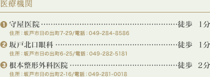 医療機関
(1)守屋医院…徒歩1分
住所：坂戸市日の出町7-29/電話：049-284-8586
(2)坂戸北口眼科…徒歩1分
住所：坂戸市日の出町6-25/電話：049-282-5181
(3)根本整形外科医院…徒歩2分
住所：坂戸市日の出町2-16/電話：049-281-0018