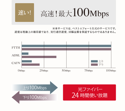 速い！高速！最大100Mbps
光ファイバー24時間使い放題