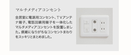 マルチメディアコンセント
全居室に電源用コンセント、ＴＶアンテナ端子、電話回線用端子を一体化したマルチメディアコンセントを設置しました。煩雑になりがちなコンセントまわりをスッキリとまとめました。