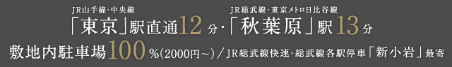 JR山手線・中央線「東京」駅直通12分・JR総武線・東京メトロ日比谷線「秋葉原」駅13　敷地内駐車場100%（2000円〜）/分／JR総武線快速・総武線各駅停車「新小岩」最寄