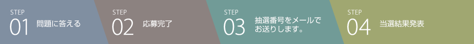 STEP　01 問題に答える　02 応募完了　03 抽選番号をメールでお送りします。　04 当選結果発表