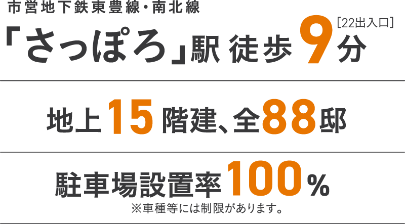 市営地下鉄東豊線・南北線「さっぽろ」駅徒歩9分/地上15階建、全88邸