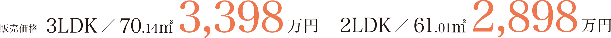 販売価格｜3LDK／70.14㎡ 3,398万円｜2LDK／61.01㎡ 2,898万円