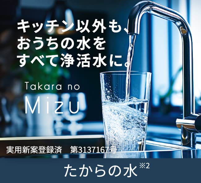 キッチン以外にもおうちの水をすべて浄活水に。 たからの水 実用新案登録済 第3137167号