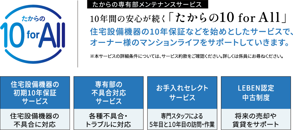 10年間の安心が続く「たからの10 for All」住宅設備機器の初期10年保証サービス 専有部の不具合対応サービス お手入れセレクトサービス LEBEN認定中古制度
