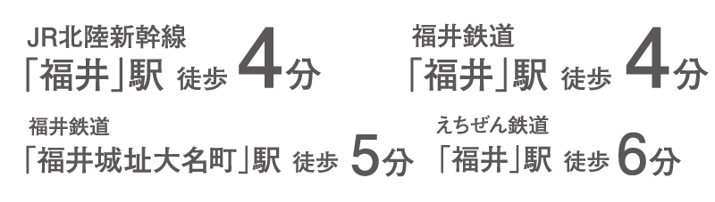 JR北陸新幹線「福井」駅徒歩4分　福井鉄道「福井」駅徒歩4分　福井鉄道「福井城址大名町」駅徒歩5分 えちぜん鉄道「福井」駅徒歩6分