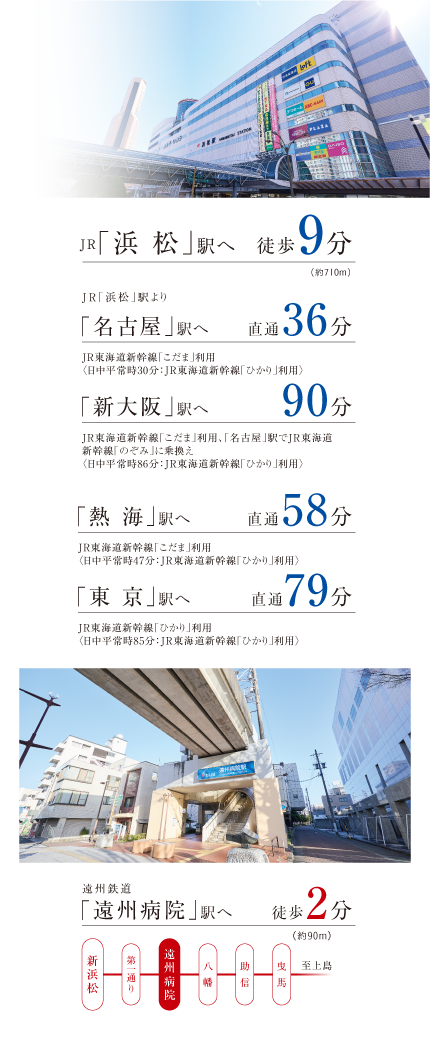 JR「浜 松」駅へ徒歩9分「名古屋」駅へ直通36分「熱 海」駅へ直通58分「新大阪」駅へ90分「東 京」駅へ直通79分「遠州病院」駅へ徒歩2分