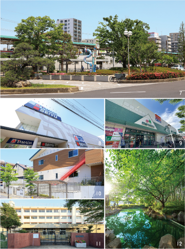 7.JR武蔵野線・埼玉高速鉄道「東川口」駅
                        （徒歩10分／約790m）
                      8.西友 東川口店（徒歩13分／約1,040m）
                      9.マルエツ 東川口店（徒歩11分／約880m）
                      10.たいよう保育園東川口園（徒歩6分／約470m）
                      11.戸塚小学校（徒歩7分／約510m）
                      12.戸塚中台公園（徒歩6分／約430m）
