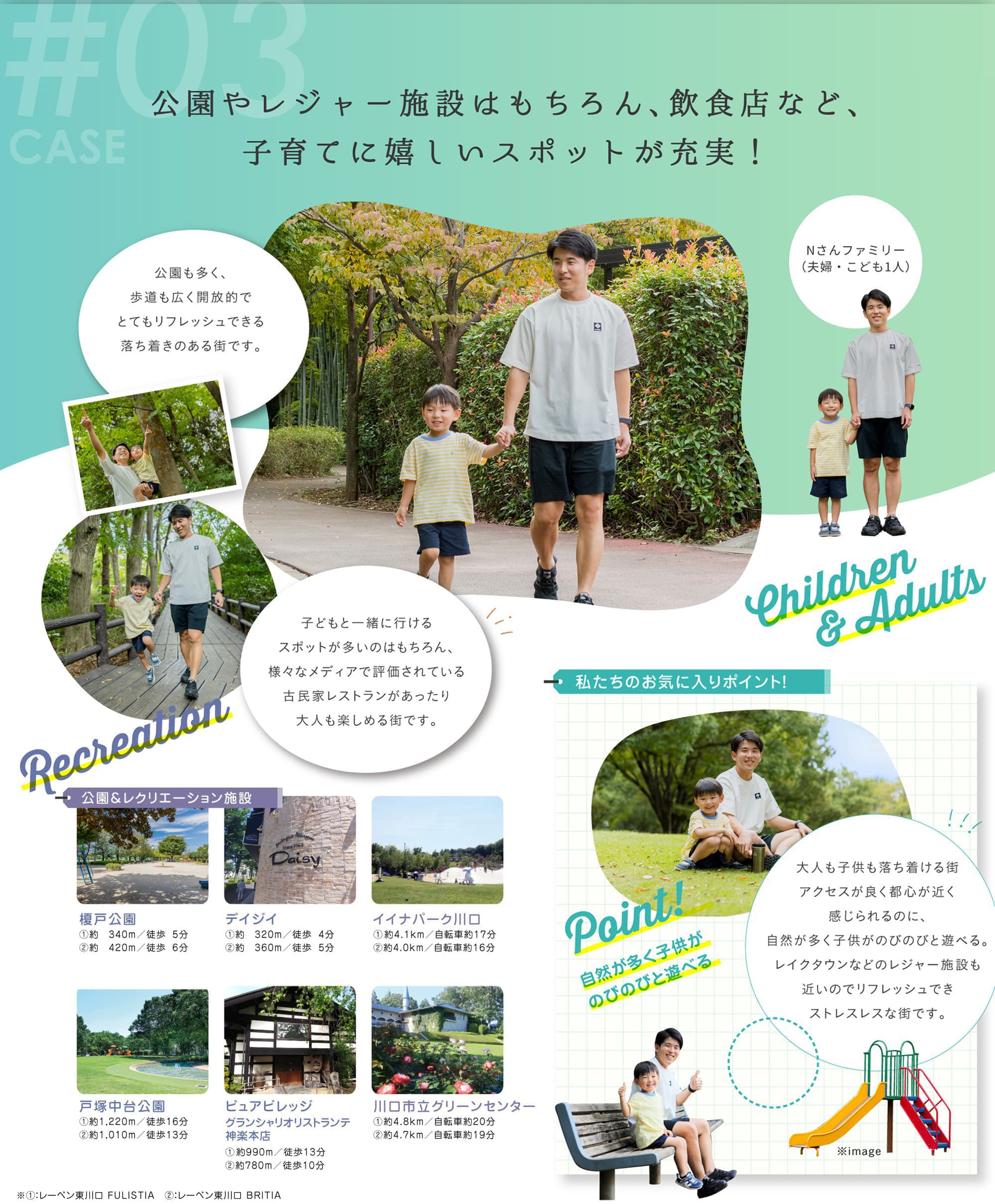 公園やレジャー施設はもちろん、飲食店など、子育てに嬉しいスポットが充実！