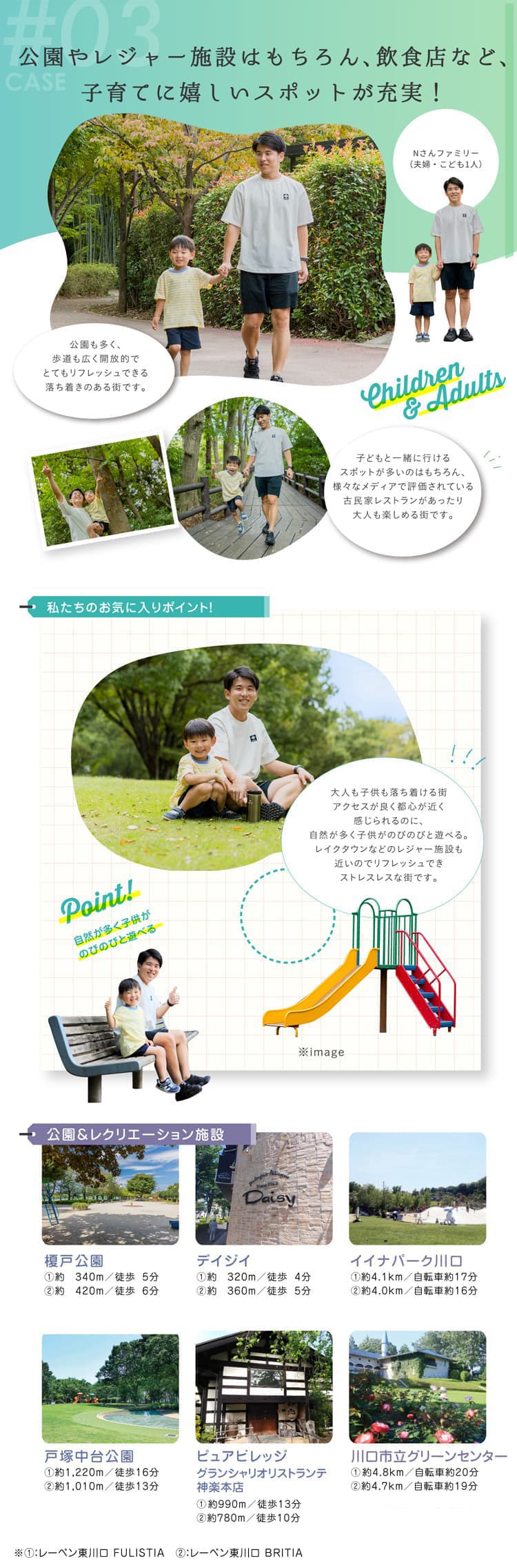 公園やレジャー施設はもちろん、飲食店など、子育てに嬉しいスポットが充実！