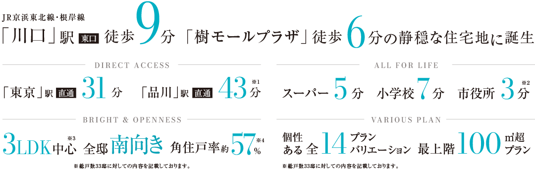 JR京浜東北線・根岸線「川口」駅東口徒歩9分、「樹モールプラザ」徒歩6分。「東京」駅直通31分、「品川」駅直通43分。スーパー5分、小学校7分、市役所3分。3LDK中心、全邸南向き、角住戸率約57%。全14プランバリエーション、最上階100㎡超プラン。