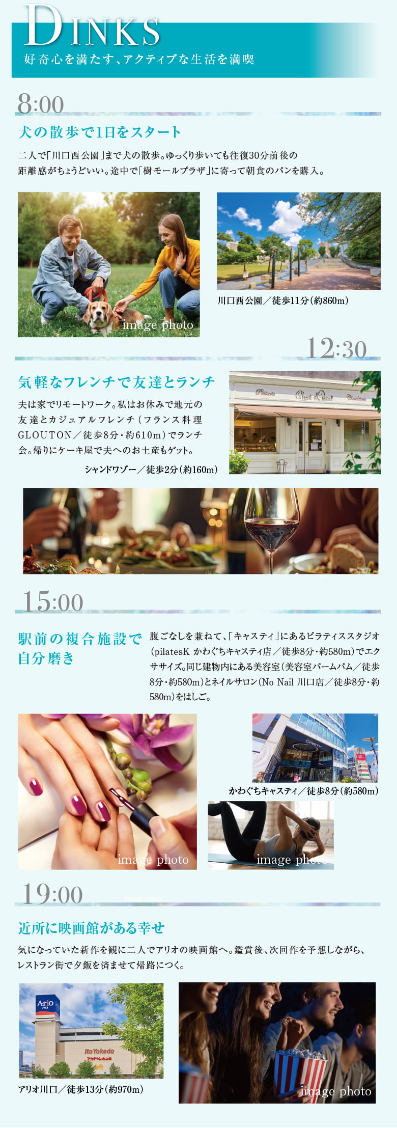 好奇心を満たすアクティブな夫婦の1日を時間帯ごとに紹介した図