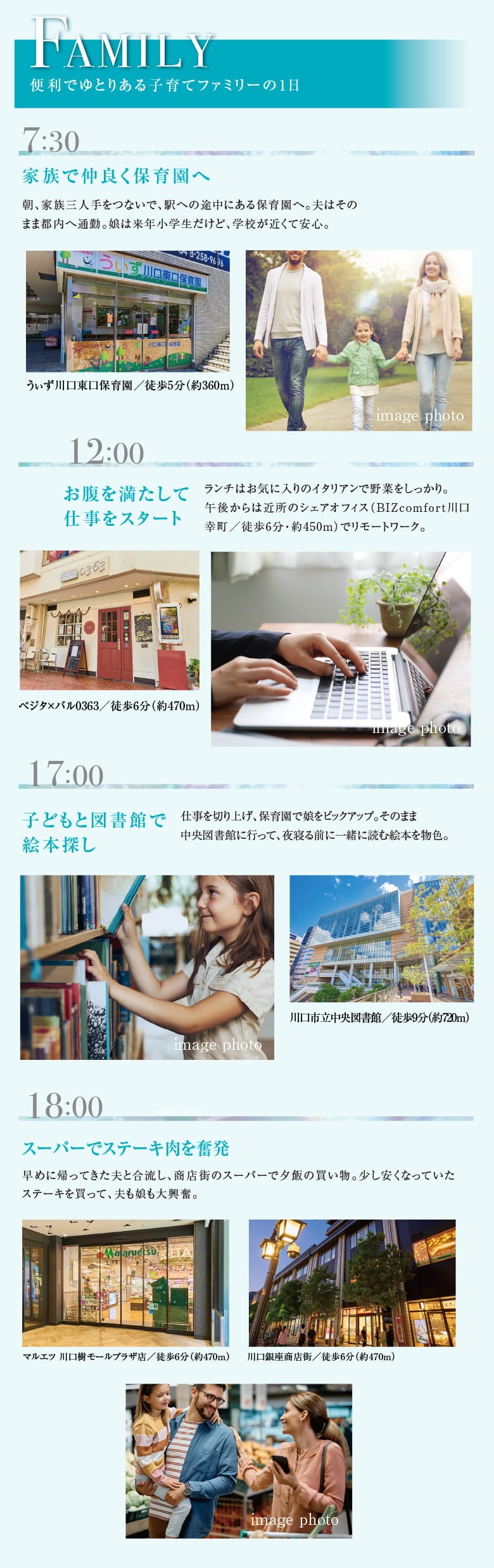 便利でゆとりある子育てファミリーの1日を時間帯ごとに紹介した図