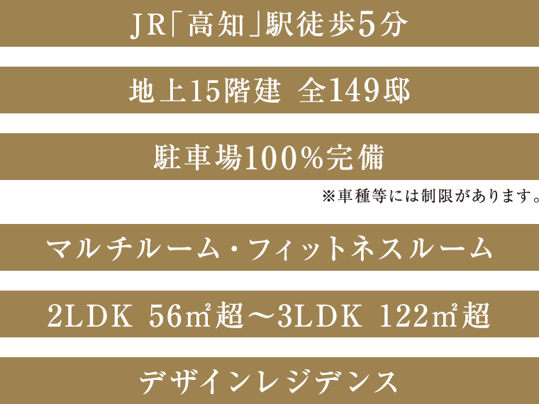 JR「高知」駅徒歩5分、地上15階建 全149邸、駐車場100%完備、フィットネスジム・カラオケルーム、2LDK 56㎡超～3LDK 122㎡超、デザインレジデンス