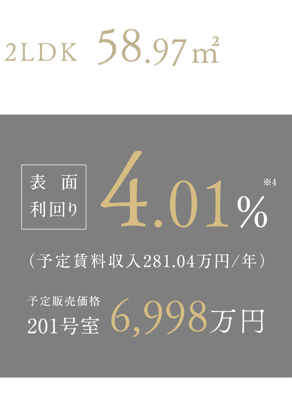 表面利回り4.01% （予定賃料収入281.04万円/年）201号室予定販売価格6,998万円