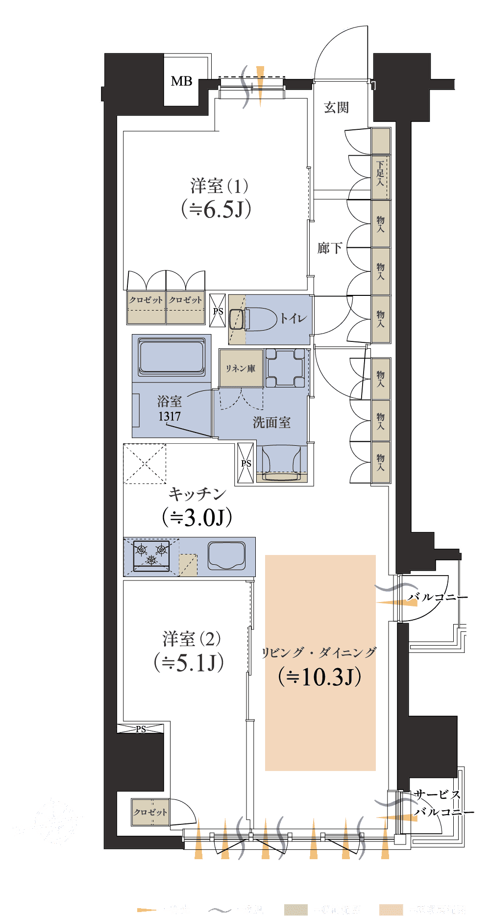 Atype間取り 2LDK 住居専有面積58.97㎡（約17.83坪）