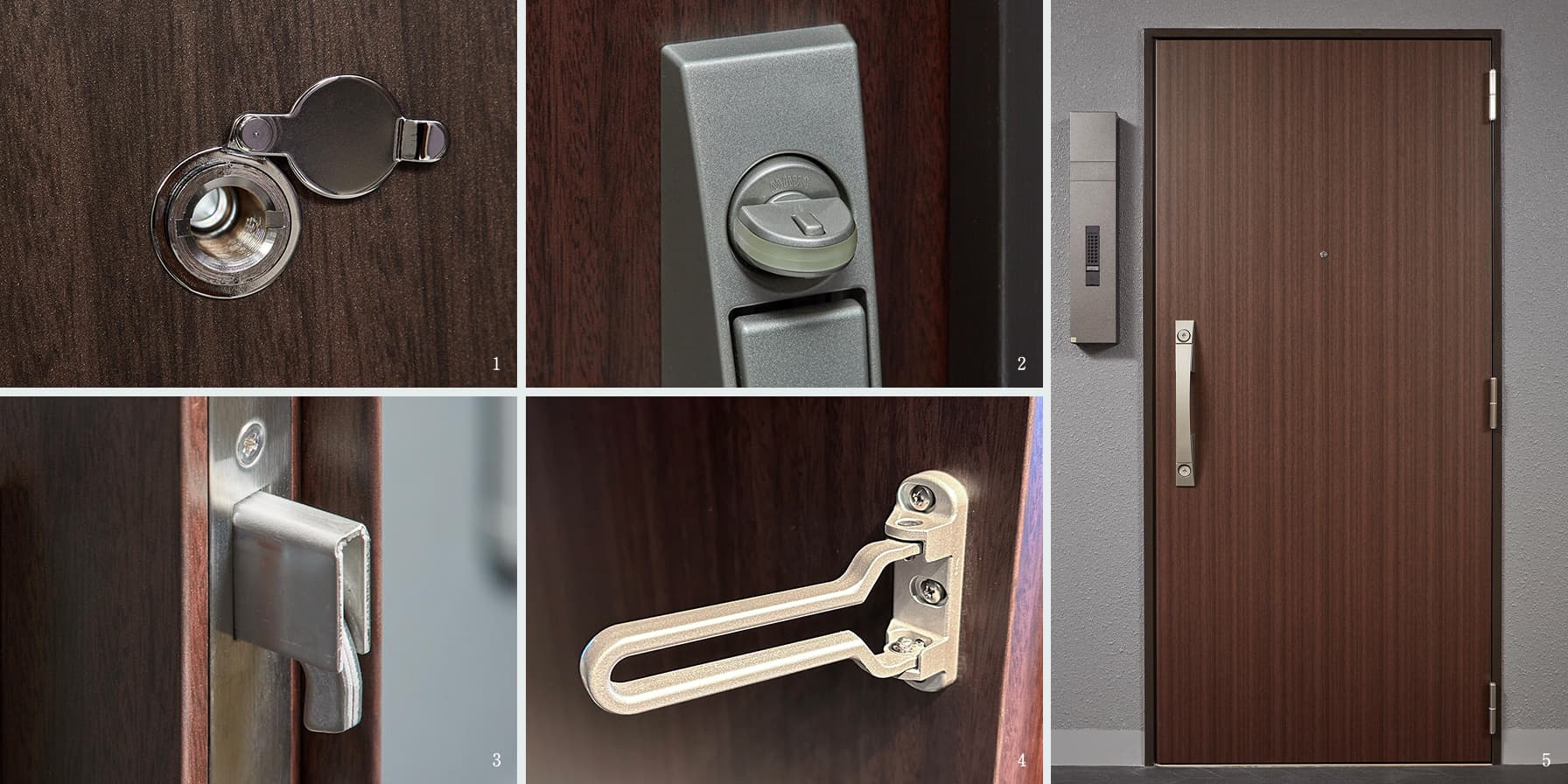 扉を開けなくても来訪者の確認ができるドアスコープ・不正解錠を防ぐサムターン回し防止機能・こじ開けによる不正解錠を防ぐ鎌デッド本締錠・地震による変位にも対応する対震・標準兼用のドアガード・ダブルロック採用による不正解錠の阻止と高セキュリティを維持