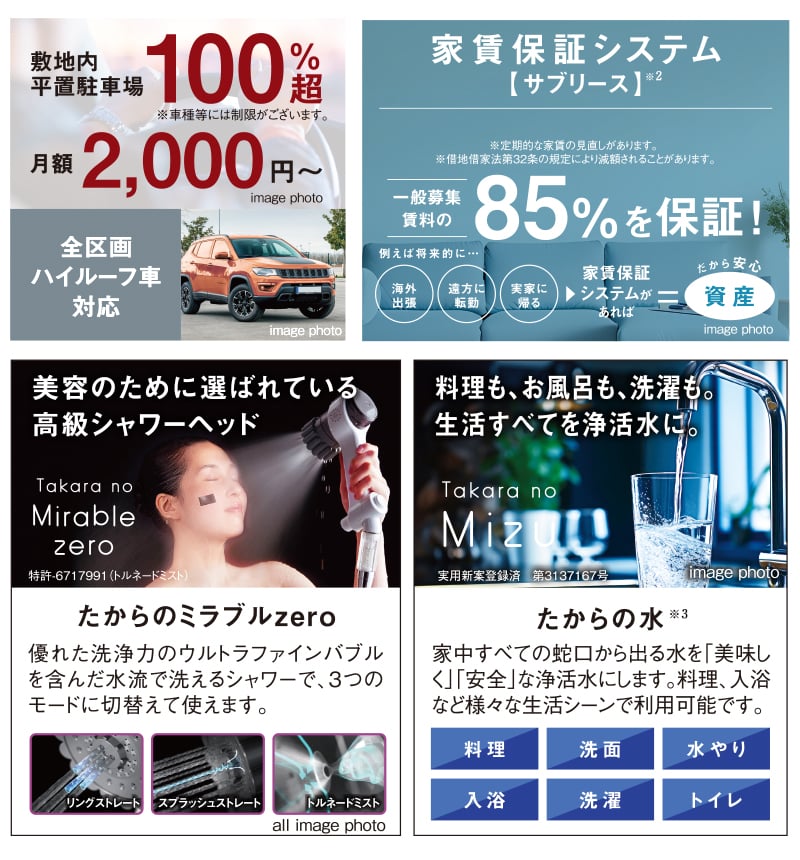 敷地内平置駐車場100%超、月額2,000円〜。全区画ハイルーフ車対応。料理も、お風呂も、洗濯も。生活すべてを浄活水に。たからの水、家中すべての蛇口から出る水を「美味しく」「安全」な浄活水にします。料理、入浴など様々な生活シーンで利用可能です。美容のために選ばれている高級シャワーヘッド、たからのミラブルzero優れた洗浄力のウルトラファインバブルを含んだ水流で洗えるシャワーで、3つのモードに切替えて使えます。時間も水も節約できる食器洗い乾燥機。不在時でも荷物を受け取れる宅配ボックス。セコムセキュリティシステム【24時間遠隔監視システム】。断熱性の高い複層ガラス。敷地内ゴミ置場24時間ゴミ出し可能。大切なペットと一緒に暮らせるペット飼育可。家賃保証システム【サブリース】借り手が見つからなくても毎月一定の家賃を受け取れます。※定期的な家賃の見直しがあります。※借地借家法第32条の規定により減額されることがあります。一般募集賃料の85％を保証！例えば将来的に…海外出張、遠方に転勤、実家に帰る、家賃保証システムがあれば資産。だから安心