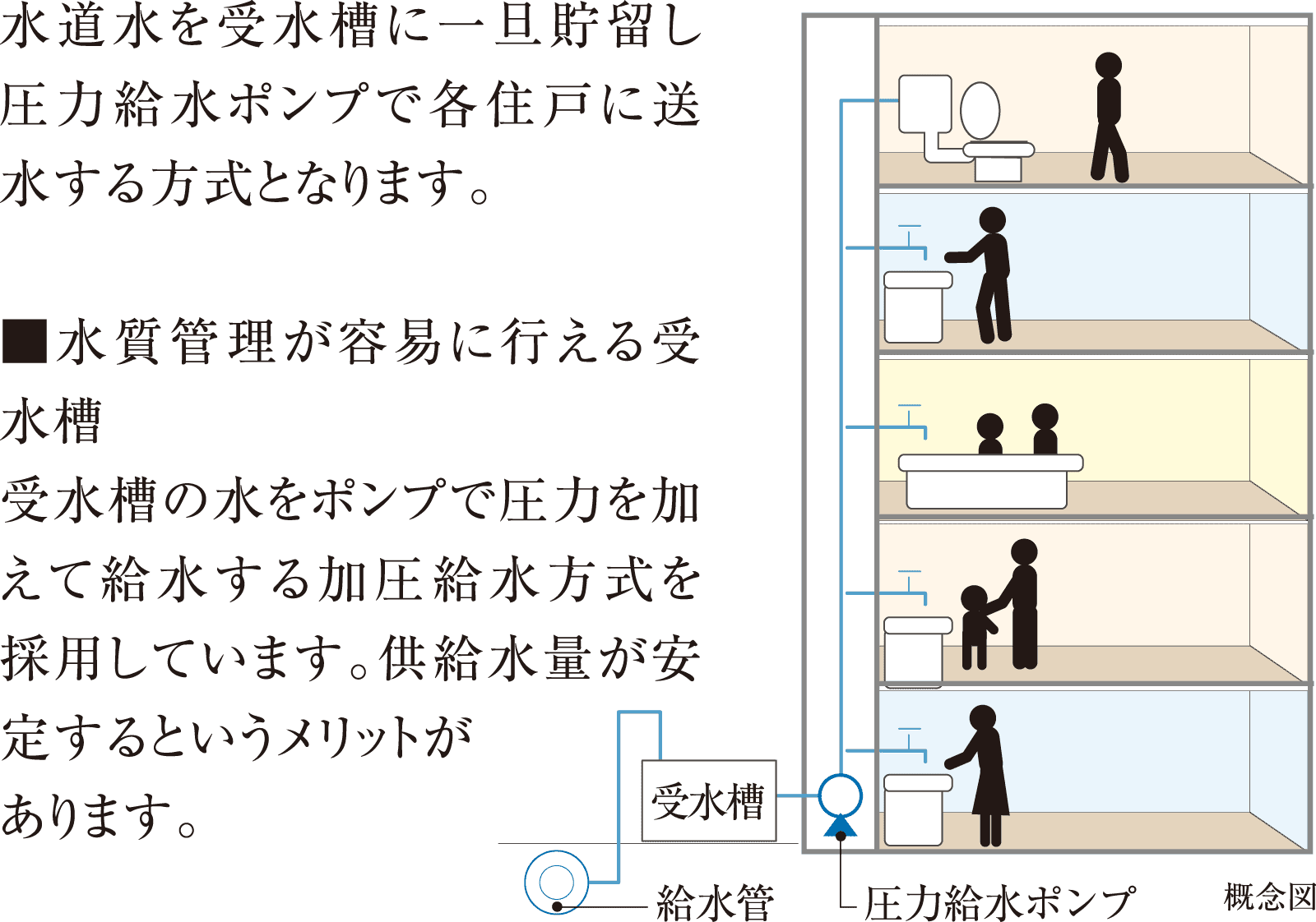 水道水を受水槽に一旦貯留し圧力給水ポンプで各住戸に送水する方式となります。 水質管理が容易に行える受水槽:受水槽の水をポンプで圧力を加えて給水する加圧給水方式を採用しています。供給水量が安定するというメリットがあります。