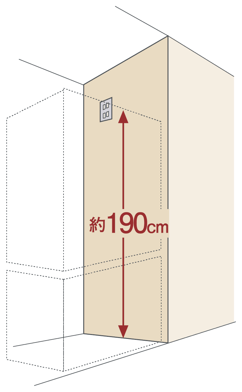 冷蔵庫のコンセントを床から約190cmの高さに設置