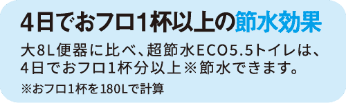 大8L便器に比べ、超節水ECO5.5トイレは、4日でおフロ1杯分以上※節水できます。