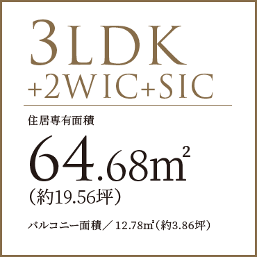 3LDK+2WIC+SIC 64.68㎡（約19.56坪）