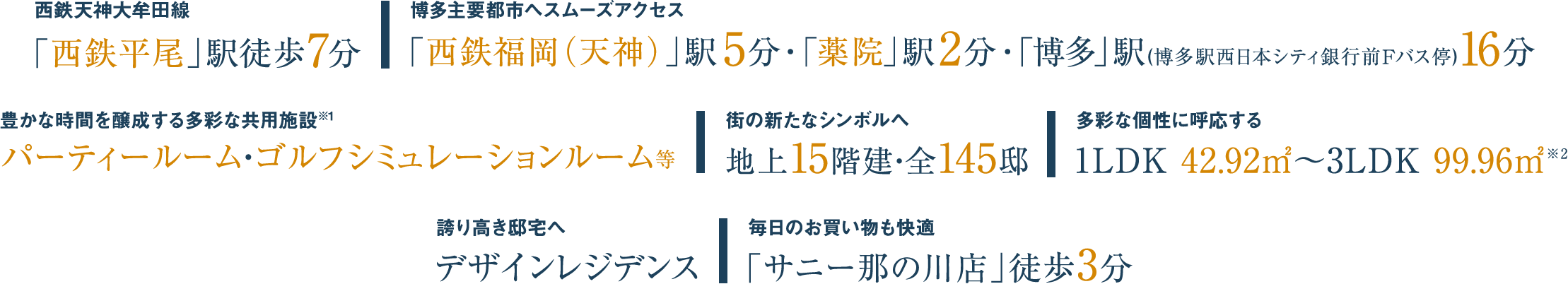 「西鉄平尾」駅徒歩7分「西鉄福岡（天神）」駅5分・「薬院」駅2分・「博多」駅（博多駅西日本シティ銀行前Fバス停）16分 パーティールーム・ゴルフシミュレーションルーム等 地上15階建・全145邸 1LDK 42.92㎡～4LDK 99.96㎡ デザインレジデンス 「サニー那の川店」徒歩3分