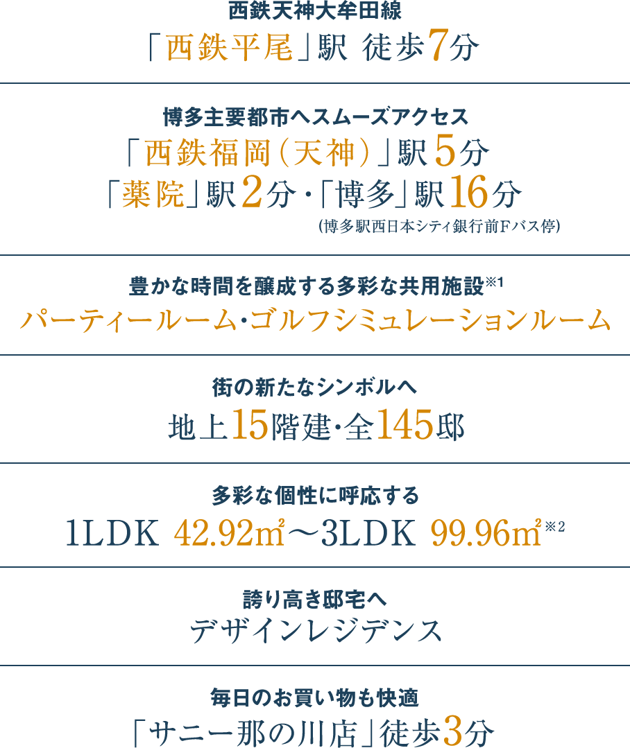 「西鉄平尾」駅徒歩7分「西鉄福岡（天神）」駅5分・「薬院」駅2分・「博多」駅（博多駅西日本シティ銀行前Fバス停）16分 パーティールーム・ゴルフシミュレーションルーム等 地上15階建・全145邸 1LDK 42.92㎡～4LDK 99.96㎡ デザインレジデンス 「サニー那の川店」徒歩3分
