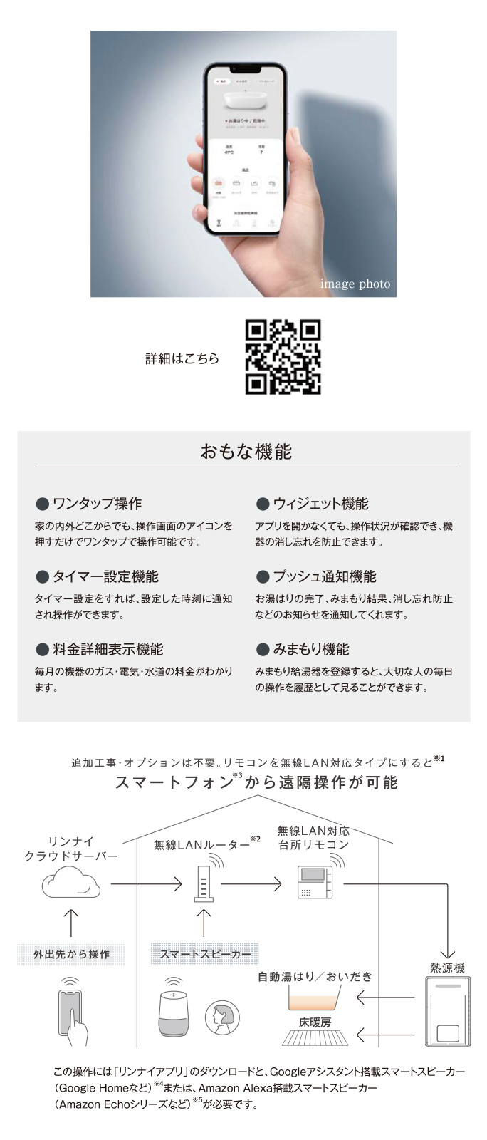 ※1. 対応する給湯器が必要です。※2. 家庭用無線LANルーターをご使用ください。モバイルルーター(ポケットWi-Fi)、テザリングでの使用はできません。また無線LANに接続可能な環境下に限ります。※3. スマートフォンはiPhone、Androidに対応。iPhoneは、Apple Inc.の登録商標です。Androidは、Google Inc .の登録商標または商標です。※4. Googleアシスタントを搭載する各社スマートスピーカーで利用可。※5. Amazon Echo等のAlexa搭載デバイスで操作が可能。Amazon、Amazon Echo、Alexaおよび関連するすべてのロゴは、Amazon.com Incまたはその関連会社の商標または登録商標です。Google、Googleアシスタント、Google HomeはGoogle LCCの商標です。